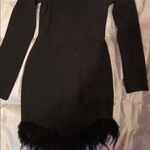Off the shoulder black fitted dress with feather